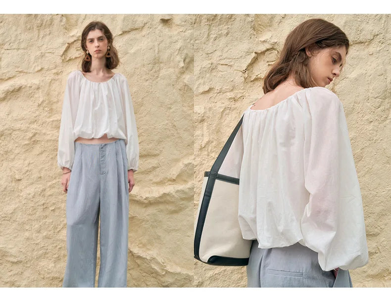 Simple Round-Neck Blouse With Puff Sleeves