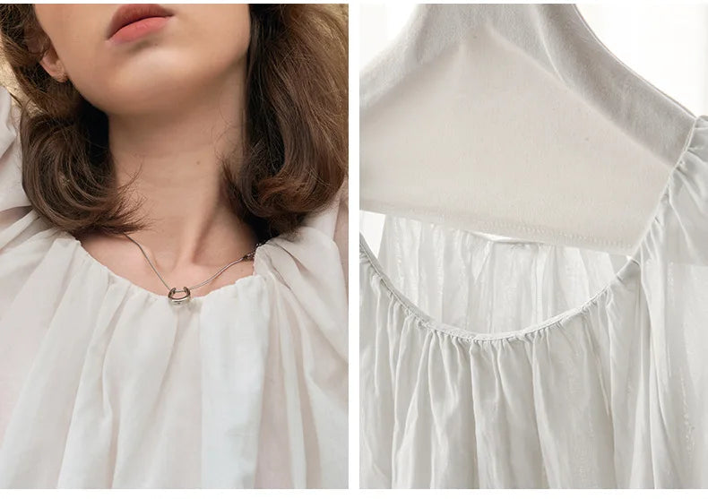 Simple Round-Neck Blouse With Puff Sleeves